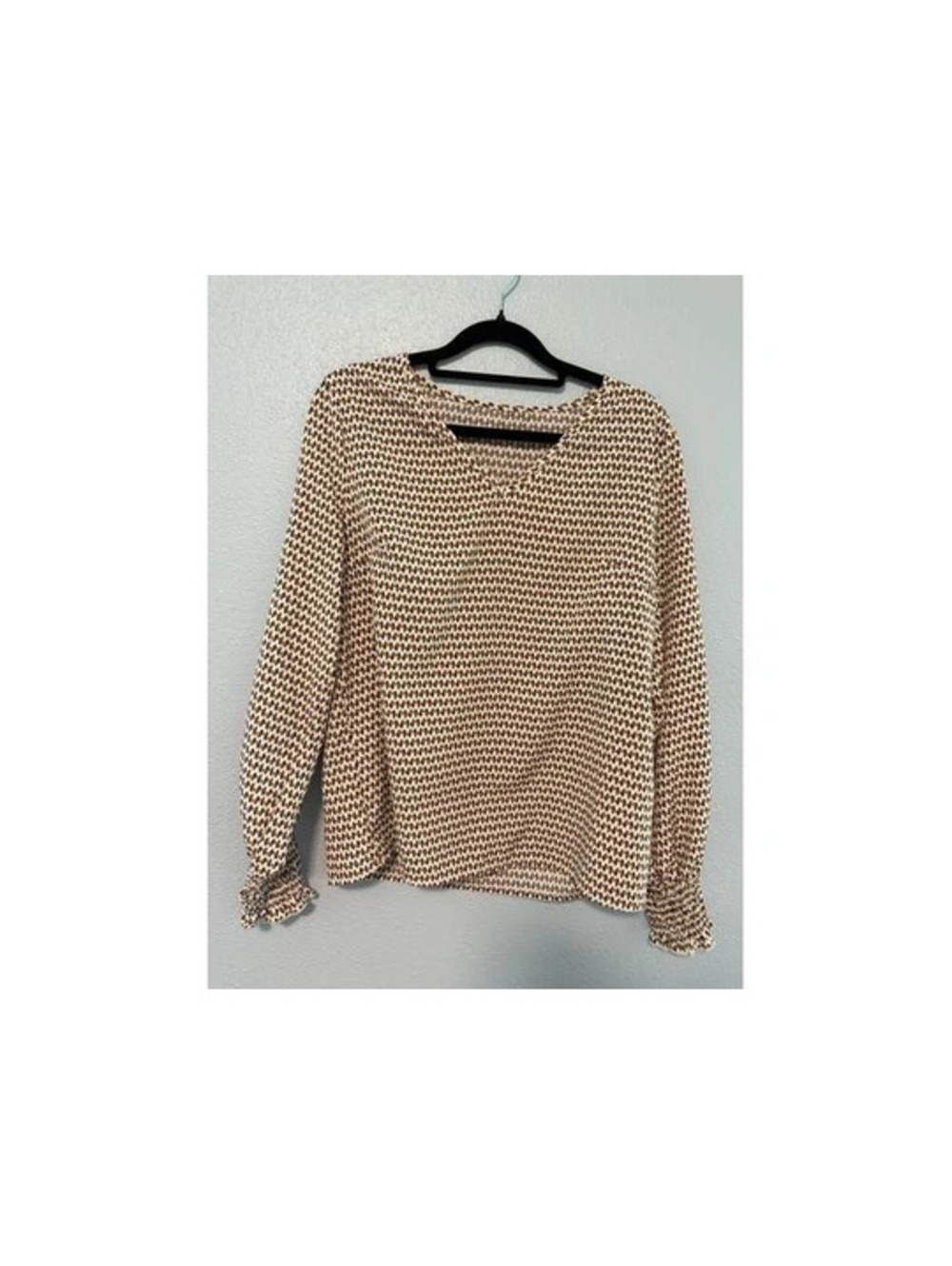#6201  Brown Cream Geometric Print Long Sleeve Blouse - Size S